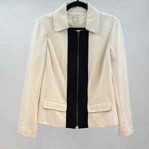 Chico's Jacket 1 M Ponte Knit Colorblock Zip Up Long Sleeve Stretch Black Ecru